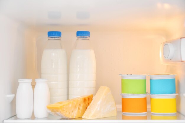 Dairy products on refrigerator shelf