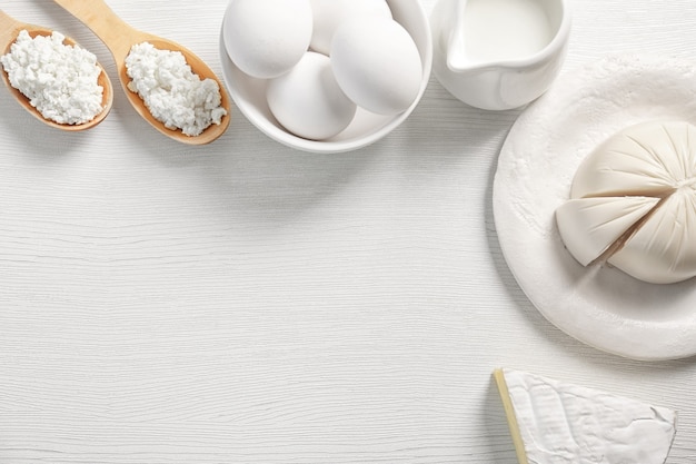 Dairy products on table, top view