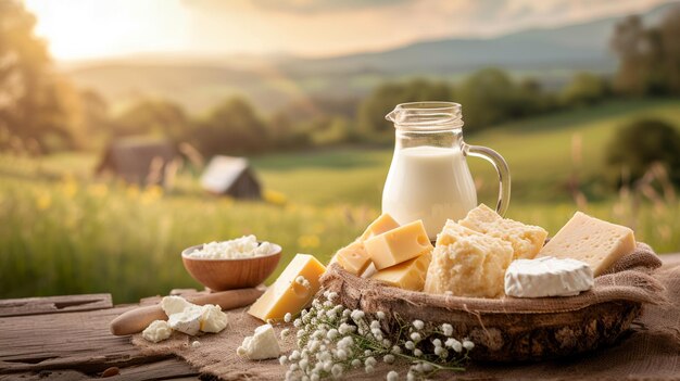 Dairy products on wooden background selective focus Generative AI