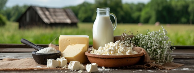 Dairy products on wooden background selective focus Generative AI