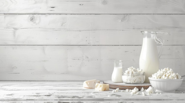 Dairy products on wooden table with space for text