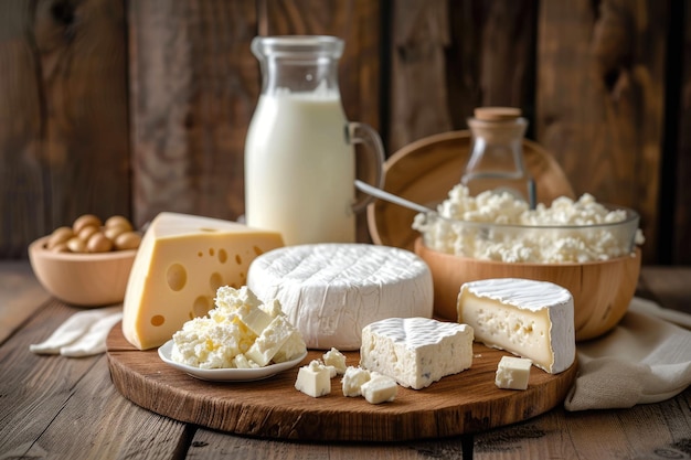 Dairy products on wooden table