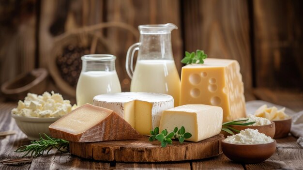 Dairy products on wooden table