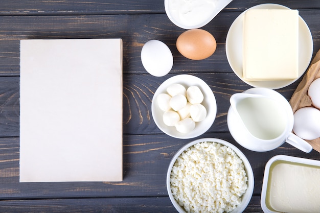 Dairy products on wooden table