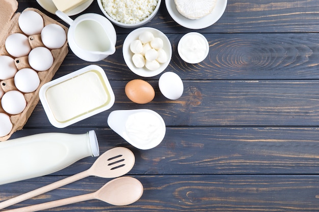 Dairy products on wooden table