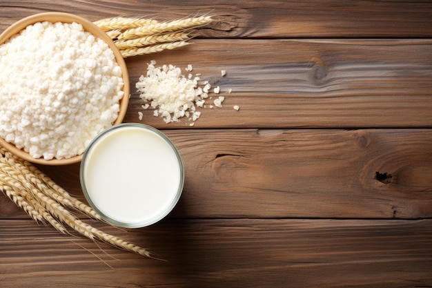 Photo dairy wheat white wood backdrop from above