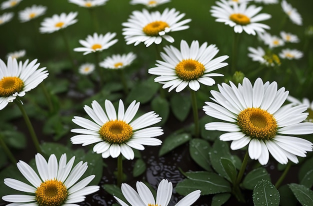 Daisies after the rain with raindrops Generative AI