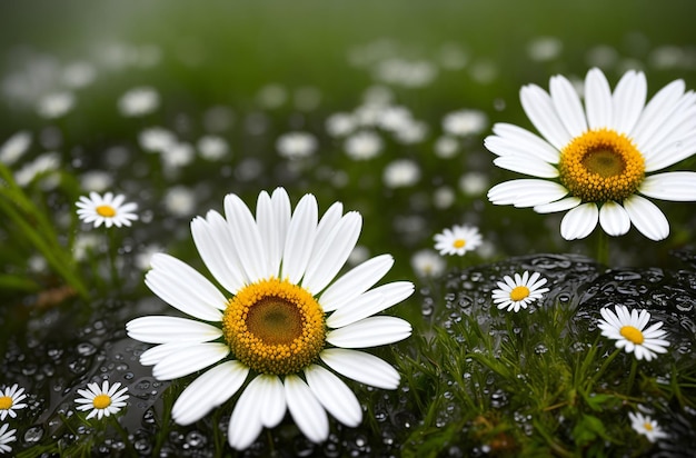 Daisies after the rain with raindrops Generative AI