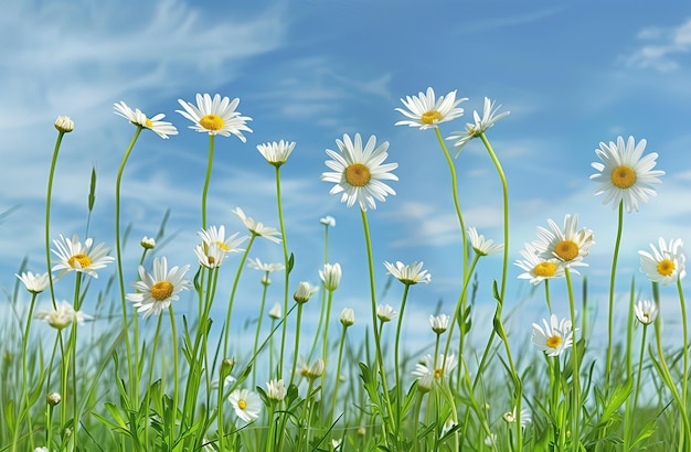 daisies are in a field of grass and the sky is blue