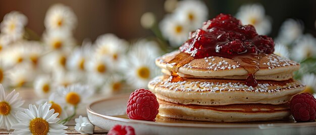 Daisies on a background of homemade pancakes with raspberry jam and milk