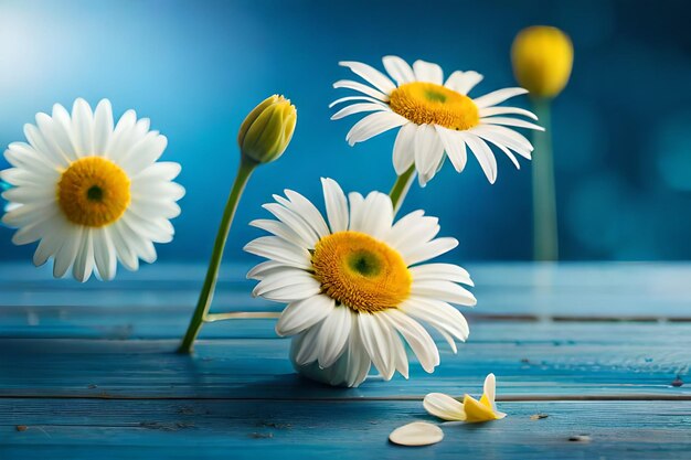 Daisies on a blue table with a blue background