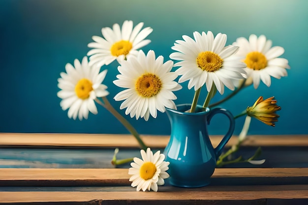 Daisies in a blue vase with a blue background