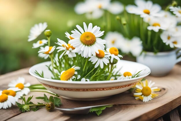 Foto daisies in a bowl on a wooden table