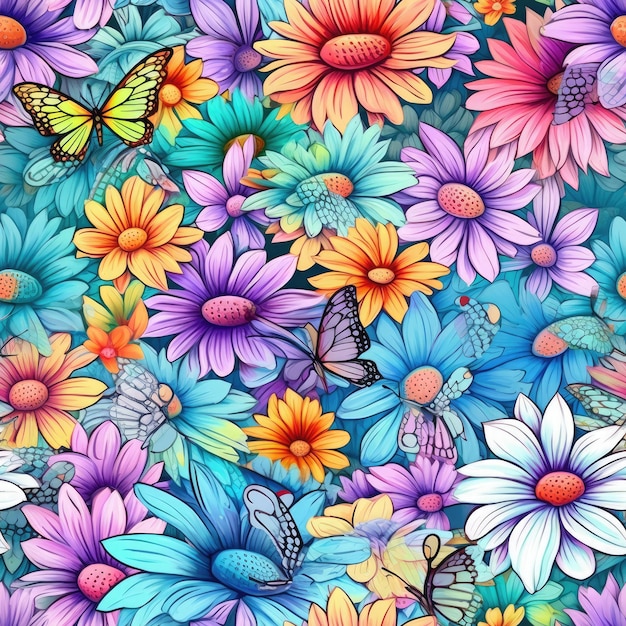 Daisies and butterflies dancing in a whimsical seamless pattern ai generated