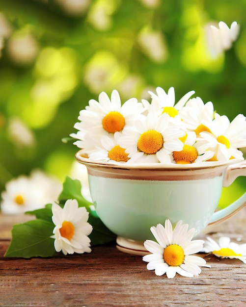 Daisies in a cup with green leaves