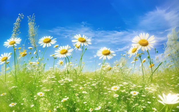 Daisies in a field of grass with a blue sky background