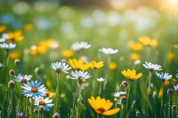 Daisies in a field of grass with the sun behind them