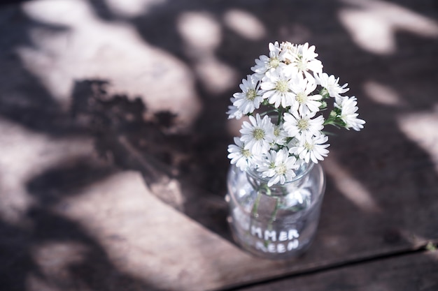 木製の長い斜めの影とガラスの瓶の花瓶にデイジーの花