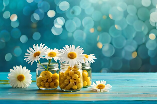 daisies in a glass jar with daisies on a blue background.