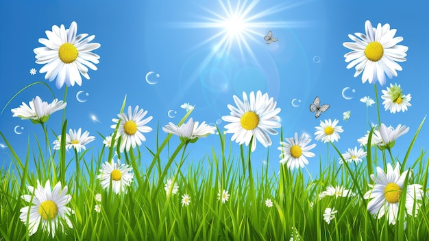 Маргаритки в траве на фоне голубого неба и яркого солнца Летний цветочный баннер