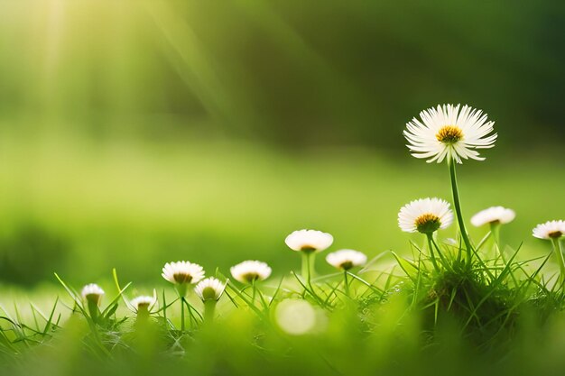 Daisies in the grass with sun shining through the background