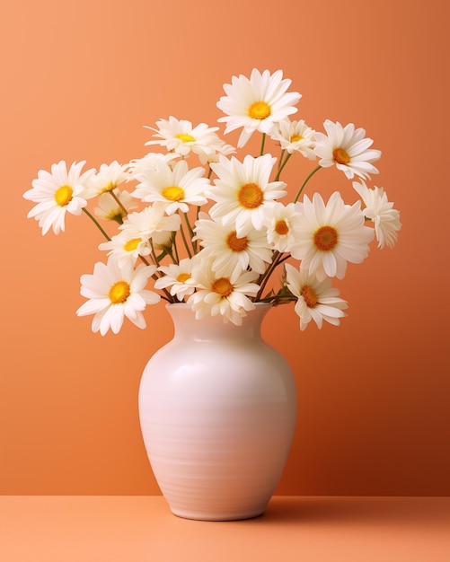 Daisies in een witte minimalistische vaas op oranje achtergrond