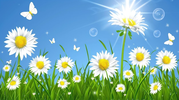 Daisies in het gras tegen een achtergrond van blauwe hemel en heldere zon Zomer bloemen kaart banner