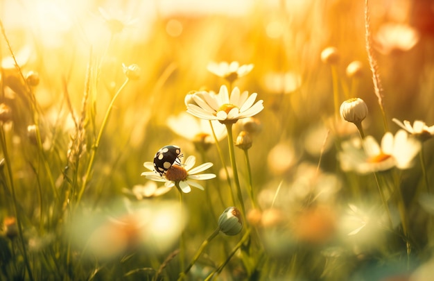 daisies and lady bugs in a grassy field