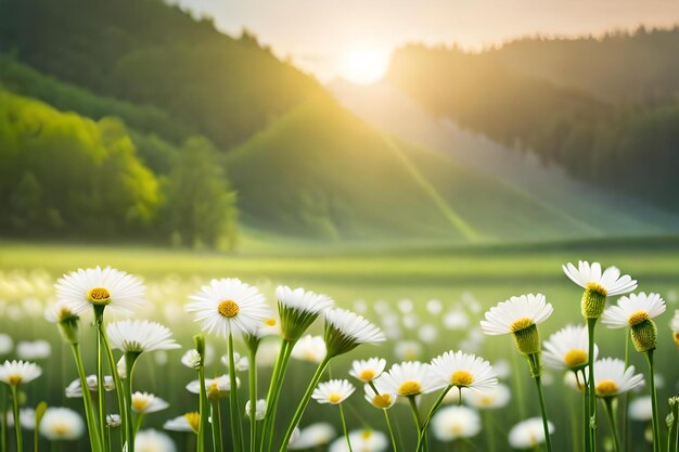 Photo daisies in the meadow at sunset