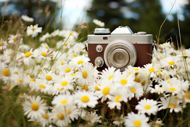 Foto daisies met een vintage bakkerij display van cakes en gebak