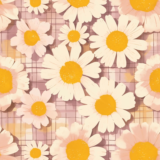 デイジーのパターン 背景は明るい白い花で 黄色の真ん中がチェッカーの背景にあります