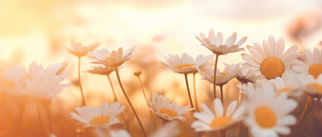 Daisies in the sunset background soft focal realism style photo realistic scenery closeup shot