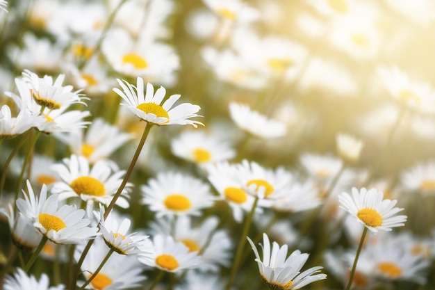 Daisies in the sunshine A closeup of a meadow of daisies with sunlight and space for text