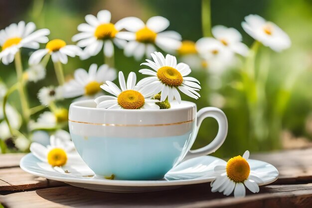 Daisies in a tea cup on a tray