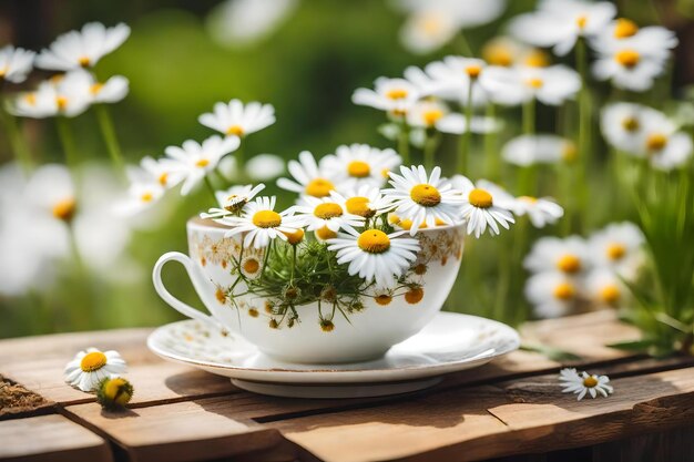 Daisies in a tea cup on a wooden table