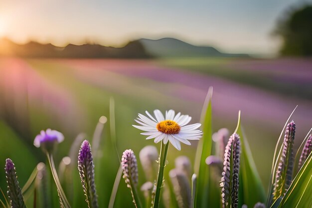 a daisy in a field of purple flowers.