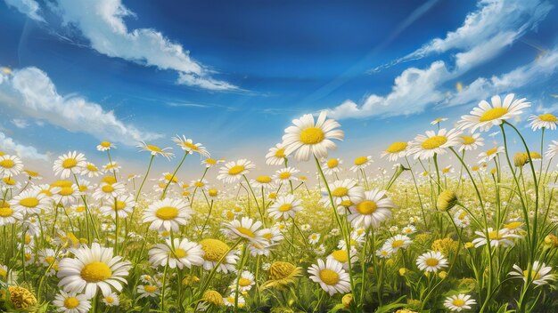 Daisy flower field background spring and summer natural landscape with blooming field of daisies