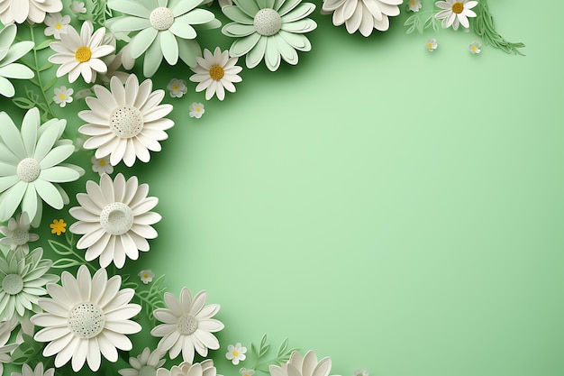 Daisy flower frame on light green background