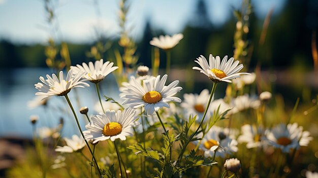 緑の草の浅い深さのデイジーの花