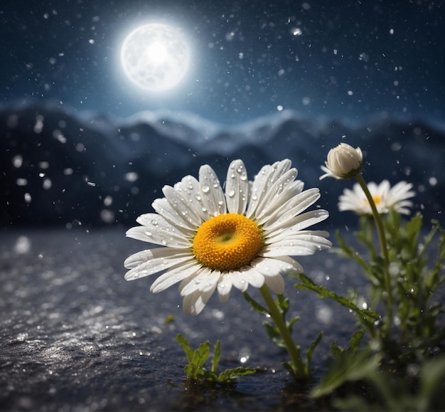 Daisy flowers on the background of the night sky and the moon