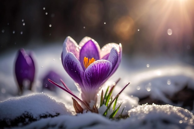 Daisy flowers blooming purple on snow with blurred bokeh background while sunrise