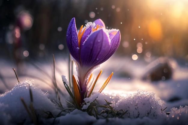 Daisy flowers blooming purple on snow with blurred bokeh background while sunrise