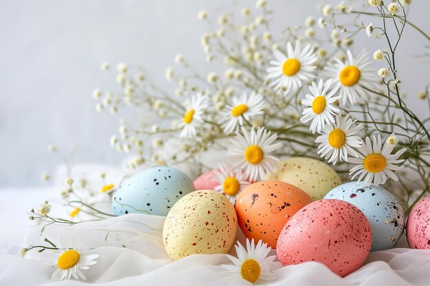 Daisy flowers and colored eggs with white background easter theme