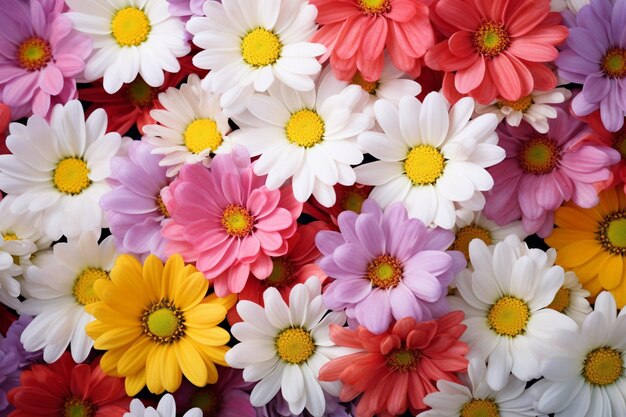 Daisy flowers in various stages of growth from bud to full bloom to wilting