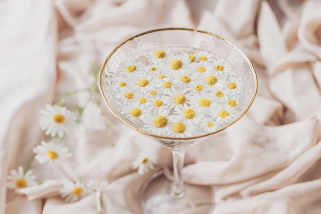 Daisy flowers in water in stylish wine glass on background of\
soft beige fabric tender floral aesthetic creative summer image\
with space for text bohemian mood