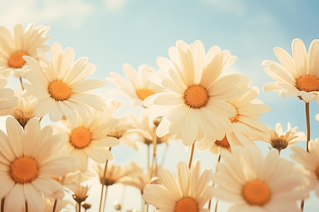 Daisy flowers with a blurred image of a city skyline