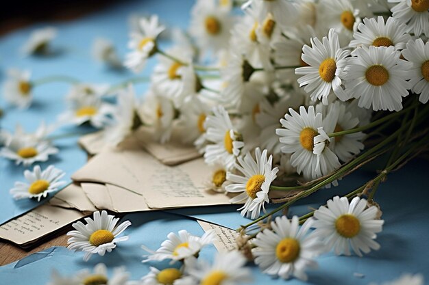 Daisy flowers with a blurred image of a city skyline