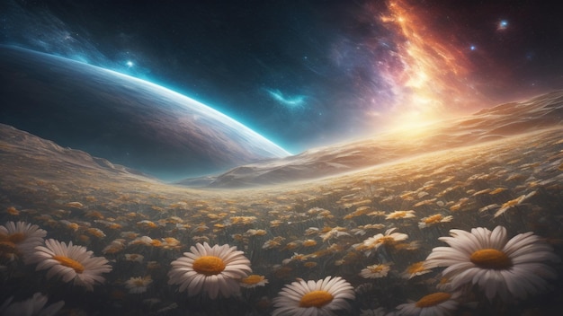 Daisy Gerbera Flowers on Cosmic Galaxy background Generative AI