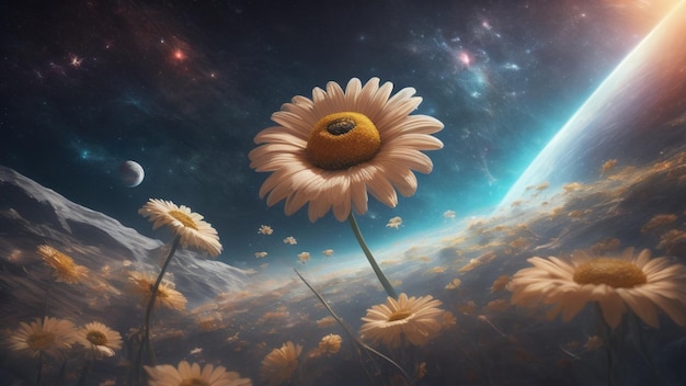 Daisy Gerbera Flowers on Cosmic Galaxy background Generative AI