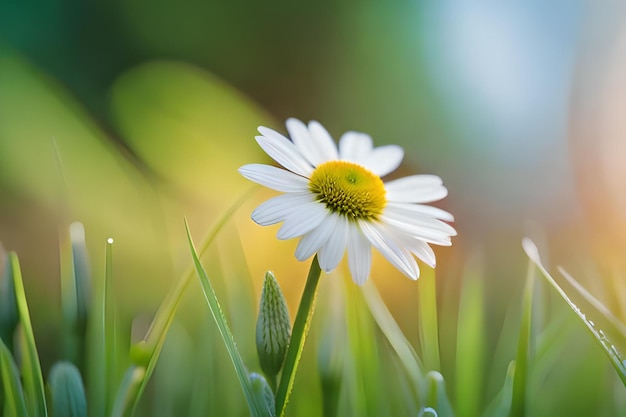 a daisy in the grass with the blurred background.